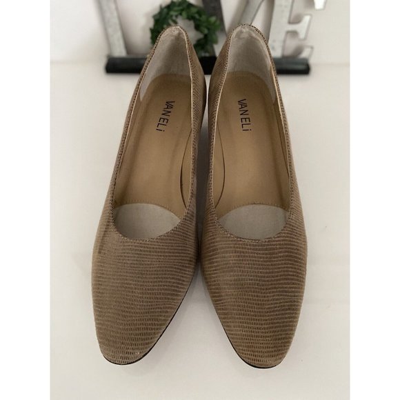 Vintage Vaneli Womens Tan Mini Lizard Print Suede Heels Slip Foam Pad Insole 8S‎ - Picture 12 of 12